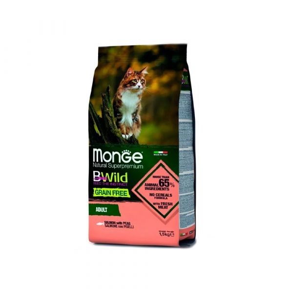 Monge Cat BWild Grain Free Сухой беззерновой корм для кошек, Лосось и горох 1,5