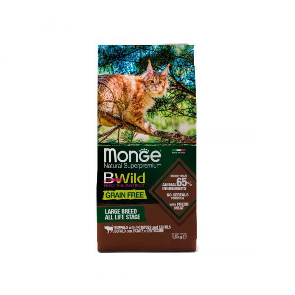 Monge Cat BWild Grain Free Сухой беззерновой корм для крупных кошек, мясо Буйвола 1,5