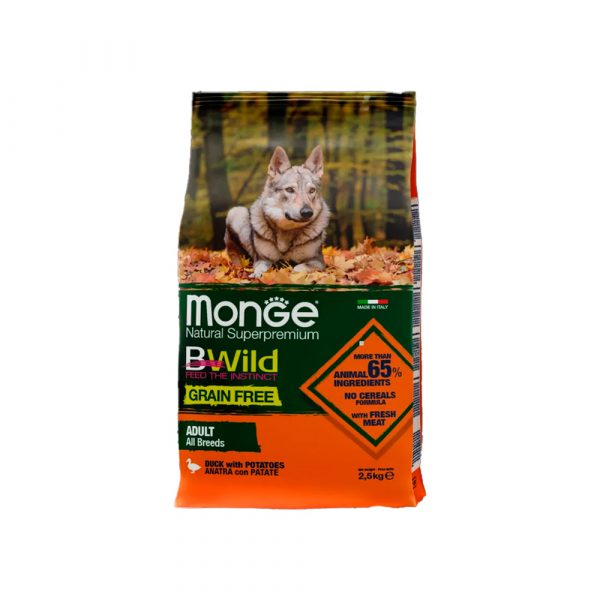 Сухой корм Monge Dog BWild GRAIN FREE для взрослых собак, беззерновой, утка с картофелем 2,5 кг.