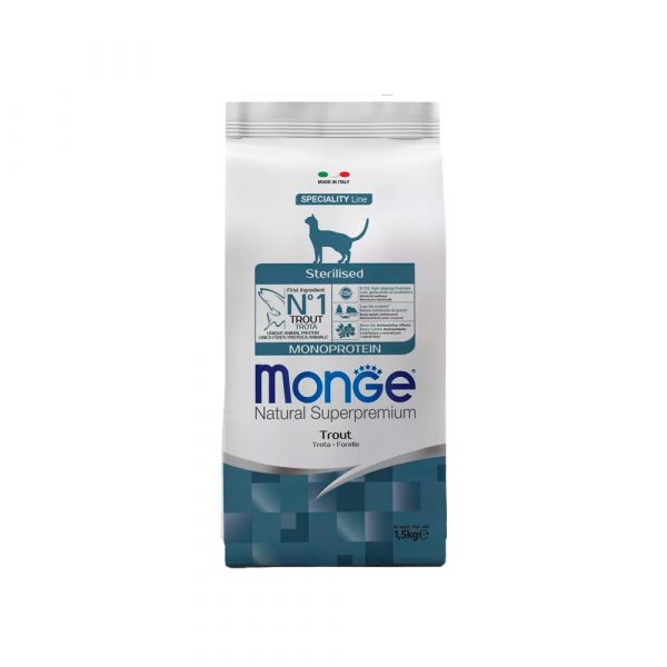 Сухой корм Monge Cat Speciality Line Monoprotein Sterilised для стерилизованных кошек, из форели 1,5 кг.