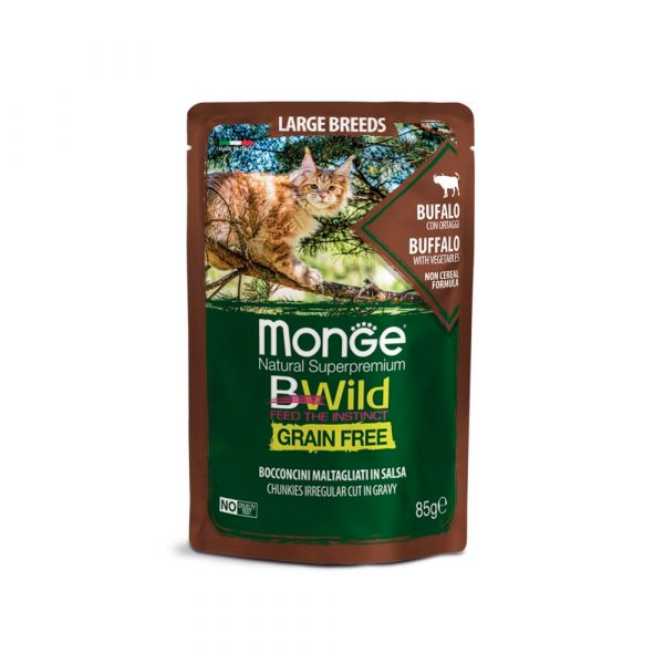 Monge Cat BWild Grain Free Влажный беззерновой корм для кошек крупных пород, Буйвол и Овощи 85г