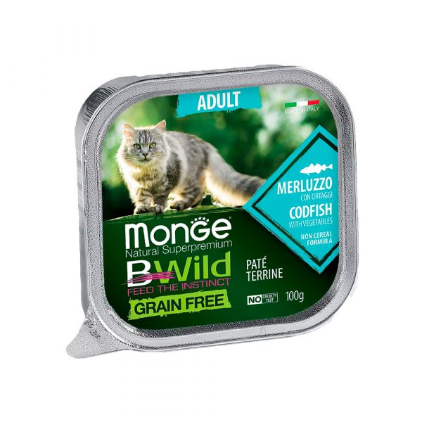 Monge Cat BWild Grain Free Влажный беззерновой корм для кошек, Треска и Овощи 0.1кг
