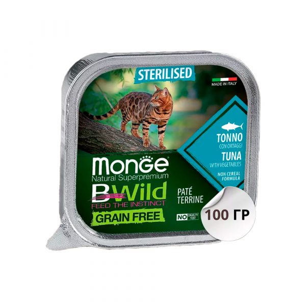 Monge Cat BWild Grain Free Влажный беззерновой корм для стерилизованных кошек, Тунец и Овощи 0.1кг