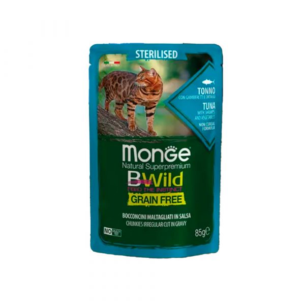 Monge Cat BWild Grain Free Влажный беззерновой корм для стерилизованных кошек, Тунец, Креветки и Овощи 85г