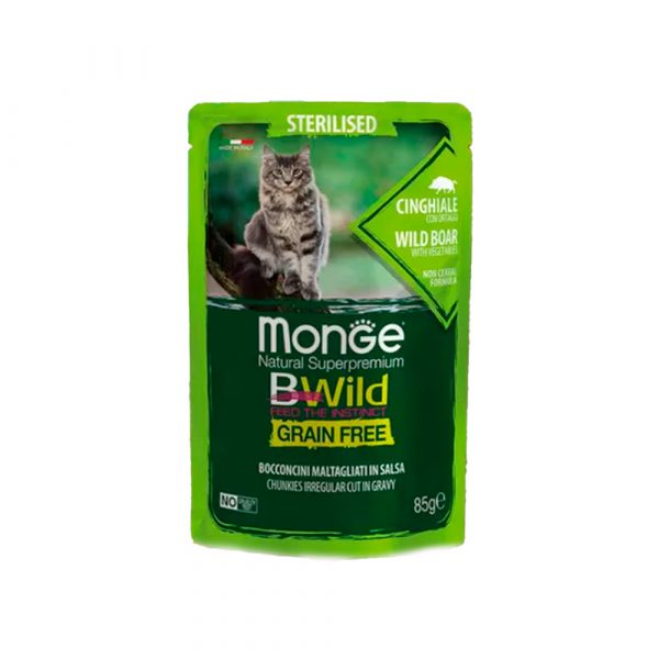 Влажный корм Monge Cat BWild GRAIN FREE для стерилизованных кошек, беззерновой, из мяса дикого кабана с овощами, паучи 85 г