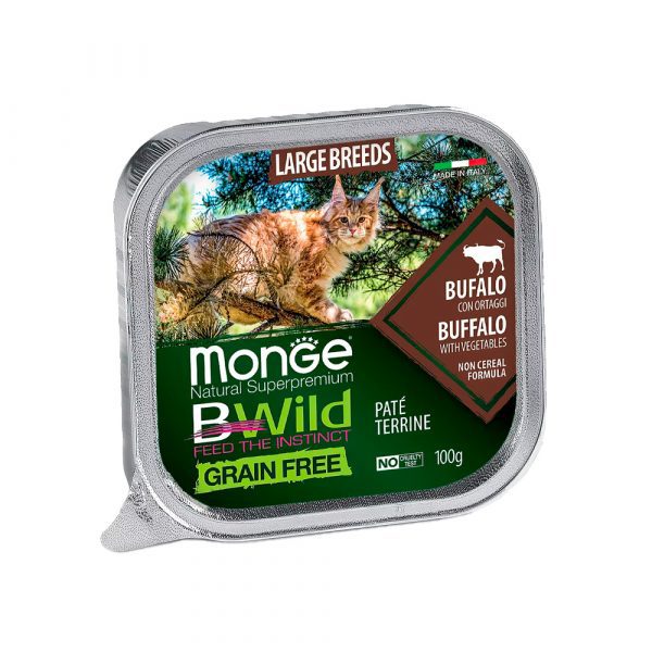 Влажный корм Monge Cat BWild GRAIN FREE для котят и крупных кошек, беззерновой, из буйвола с овощами, ламистер 100 г