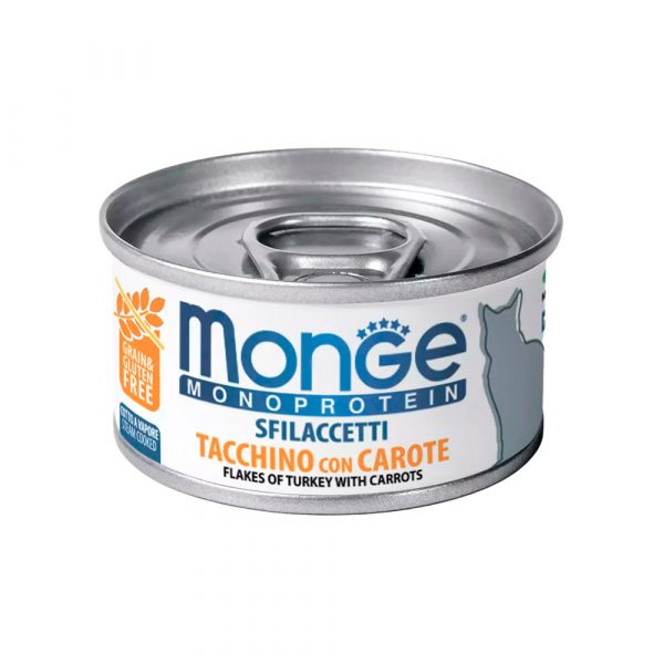 Влажный корм Monge Cat Monoprotein для кошек, мясные хлопья из индейки с морковью, консервы 80 г