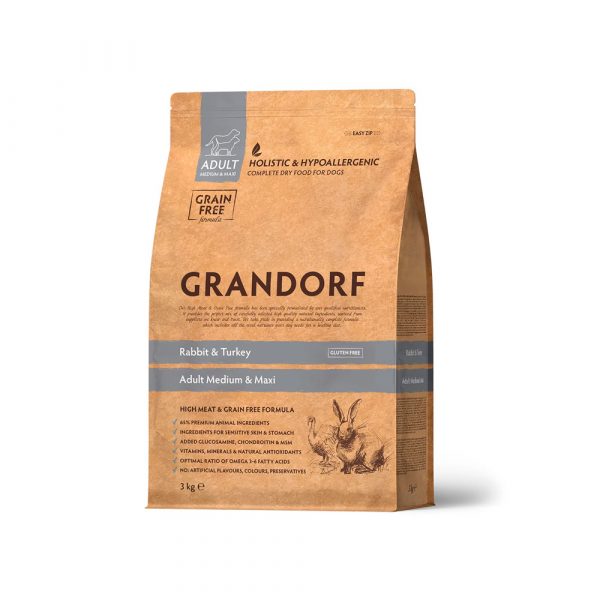 Grandorf Dog Med&Max Rabbit&Turkey Сухой корм для собак средних и крупных пород, Кролик с Индейкой 3кг