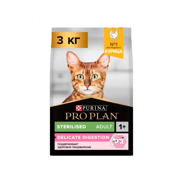 Pro Plan. Корм сух. полнорац д/взр. стерилиз. кошек и кастрир. котов с чувствит. пищевар. или с особыми предпочт. в еде, с выс. содерж. курицы 3 кг