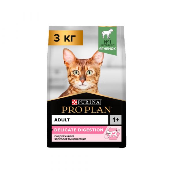Pro Plan Корм сухой полнорац. для взр. кошек с чувств. пищ. или с особыми предпочт. в еде, с высоким содерж. ягненка 3 кг