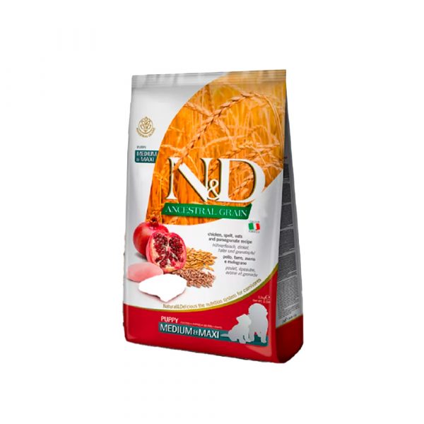 Паппи МЕДИУМ и МАКСИ курица и гранат спельта и овес / N&D Ancestral Grain Dog Chicken & Pomegranate Puppy MEDIUM/MAXI (гранулы 12-14 мм)