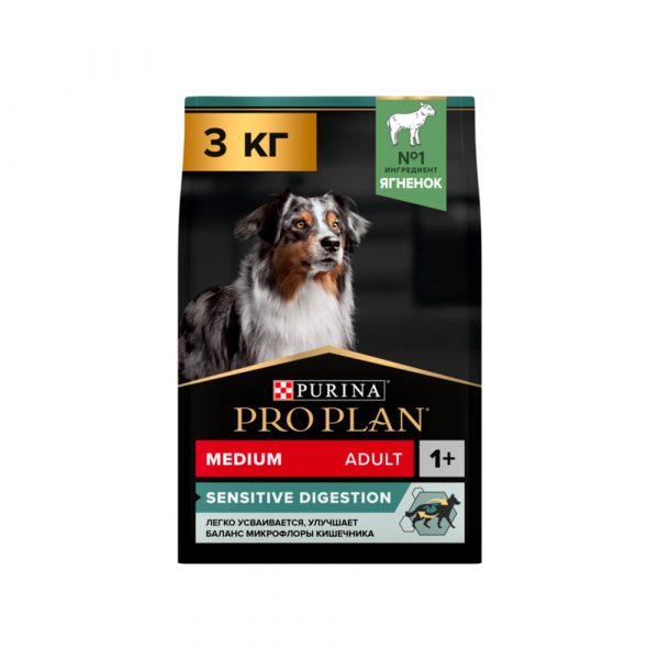 Pro Plan Корм сухой полнорац. для взр. собак средних пород с чувств. пищеварением, с высоким сод. ягненка 3 кг