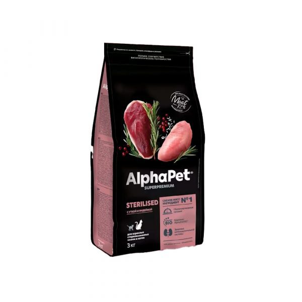 AlphaPet Superpremium Sterilised Сухой корм для стерилизованных кошек Утка и Индейка 3кг