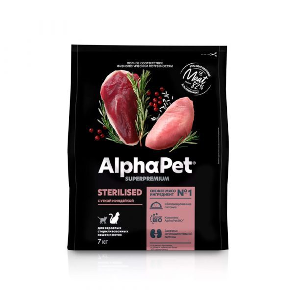 AlphaPet Superpremium Sterilised Сухой корм для стерилизованных кошек Утка и Индейка 7кг