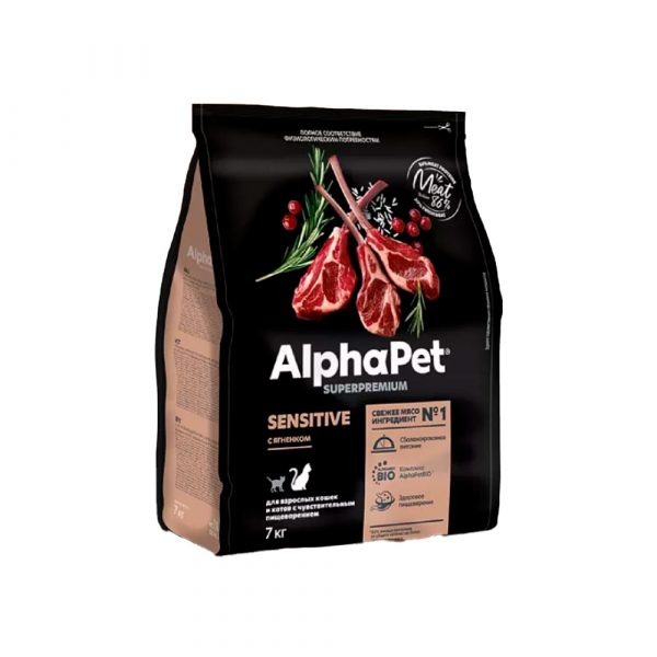 AlphaPet Superpremium Sensitive Сухой корм для кошек с чувствительным пищеварением Ягненок 7.5кг breeder