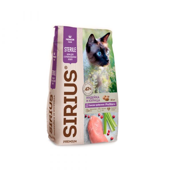 Sirius Сухой корм для стерилизованных кошек, Индейка и Курица 10кг