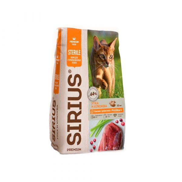 Sirius Сухой корм для стерилизованных кошек, Утка и Клюква 10кг