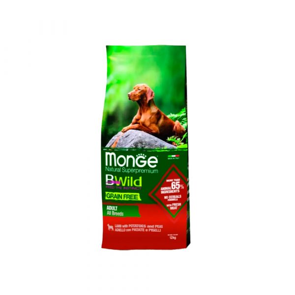 Сухой корм Monge Dog BWild GRAIN FREE для собак, беззерновой, из мяса ягненка с картофелем 12 кг