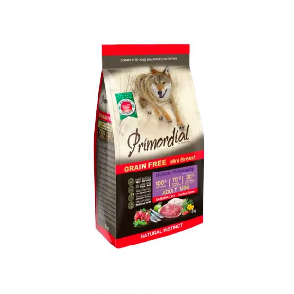 Primordial Adult Mini Sardine & Goose Д/взрослых собак мелких пород с сардиной и гусём (сардина - 35%, гусь - 25%) 2 кг.