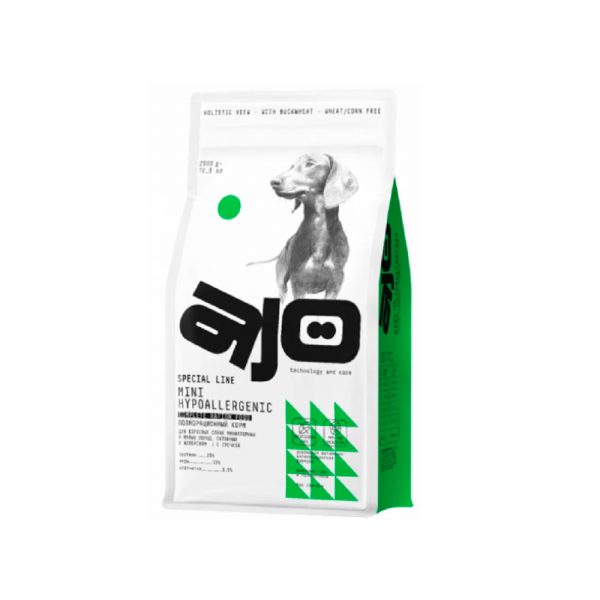 AJO Dog Mini Hypoallergenic Сухой корм для собак малых пород при аллергии и проблемах пищеварения, Индейка и Гречка 2кг
