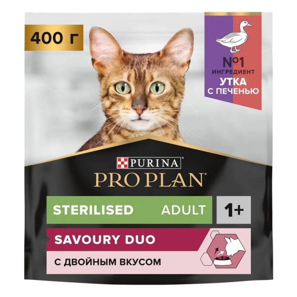 Pro Plan. Корм сух. полнорац. д/взр. стерилиз. кошек и кастрир. котов, с высоким содерж. утки и с печенью 400 гр