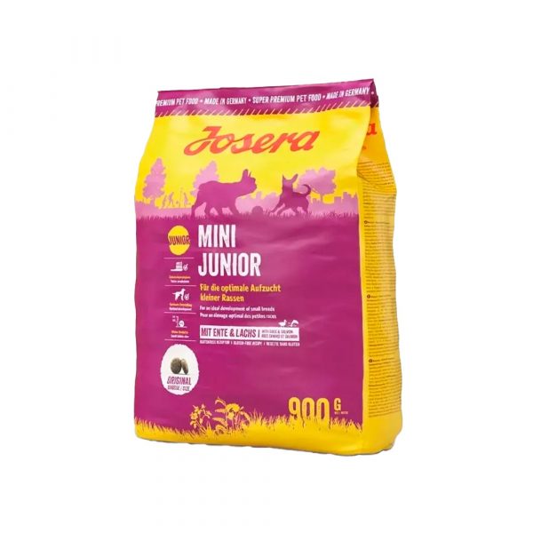 Josera MiniJunior (Junior/Adult Mini 29/18) для щенков и взрослых собак мелких пород, содержит ценные жирные кислоты для здровой кожи и шерсти, много утки 23% и лосось 4%