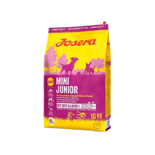 Josera MiniJunior (Junior/Adult Mini 29/18) для щенков и взрослых собак мелких пород, содержит ценные жирные кислоты для здровой кожи и шерсти, много утки 23% и лосось 4% 10 кг