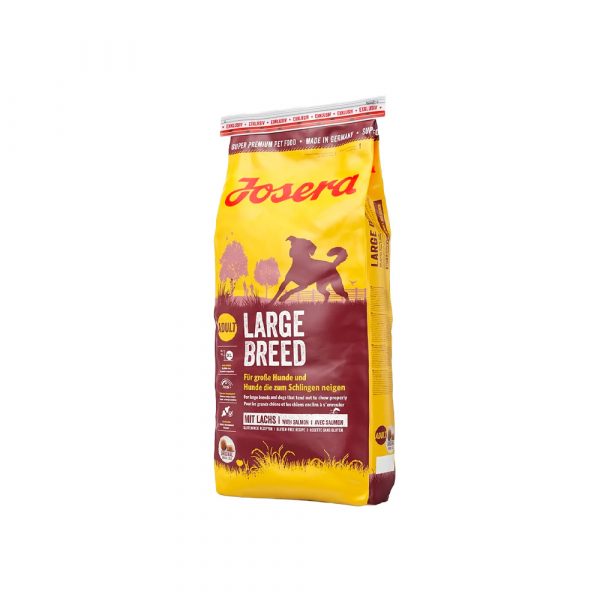 Josera Large Breed (Adult Maxi 26/16) для активных собак крупных пород, имеет большие гранулы, на основе мясо домашней птицы 29%, риса, отборной семги 3% и новозеландские зеленые мидии
