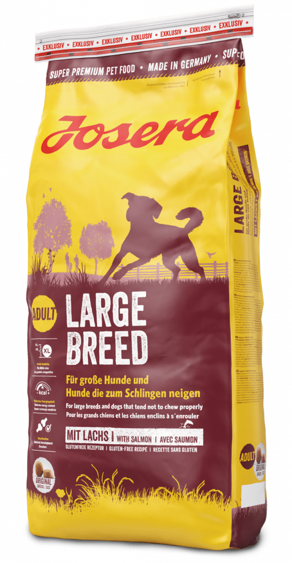 Josera Large Breed (Adult Maxi 26/16) для активных собак крупных пород, имеет большие гранулы, на основе мясо домашней птицы 29%, риса, отборной семги 3% и новозеландские зеленые мидии