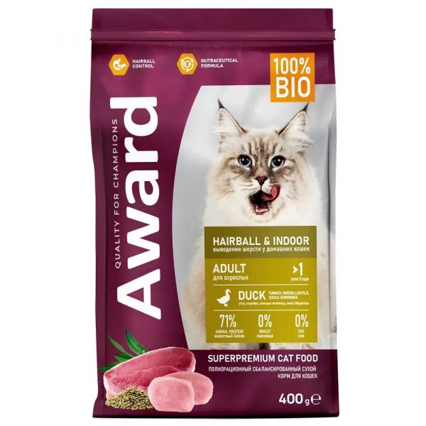 AWARD HAIRBALL&INDOOR ADULT. Сухой корм для выведения шерсти у взр.домашних кошек с уткой и индейкой с добавлением зеленой чечевицы и юкки Шидигера, 400 г
