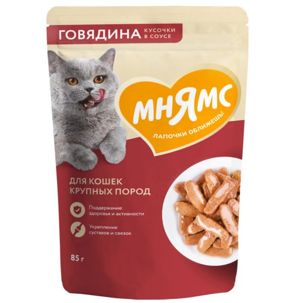 Мнямс. Корм консервированный полнорационный для взрослых кошек крупных пород. Кусочки в соусе с говядиной, 85 г