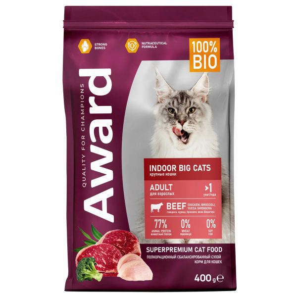 AWARD Indoor Big cats Сухой корм/д. взр. дом. кошек крупных пород с говядиной и курицей с добавлением брокколи и юкки Шидигера 400г