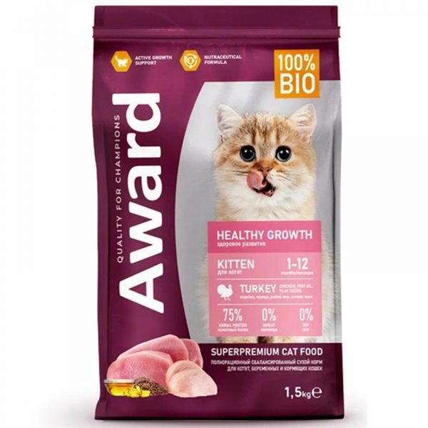 AWARD HEALTHY GROWTH KITTEN. Сухой корм д/котят от 1 месяца, бер. и кормящих кошек с индейкой и курицей с добавлением рыбьего жира, 1,5 кг