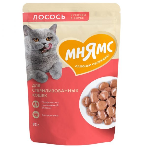 Мнямс. Корм консервированный полнорационный для взрослых стерилизованных кошек и кастрированнных котов. Кусочки в соусе с лососем, 85 г
