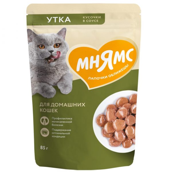 Мнямс. Корм консервированный полнорационный для взрослых кошек. Кусочки в соусе с уткой, 85 г