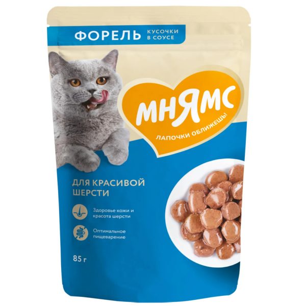 Мнямс. Корм консервированный полнорационный для взрослых кошек. Кусочки в соусе с форелью, 85 г