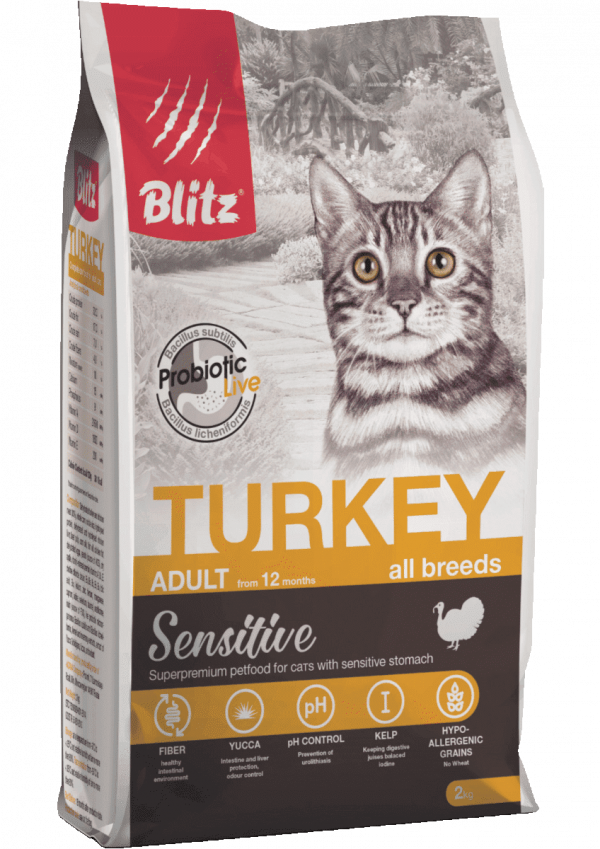 Blitz Сухой корм для кошек Sensitive Adult Cat с чувствительным пищеварением, Индейка 400гр