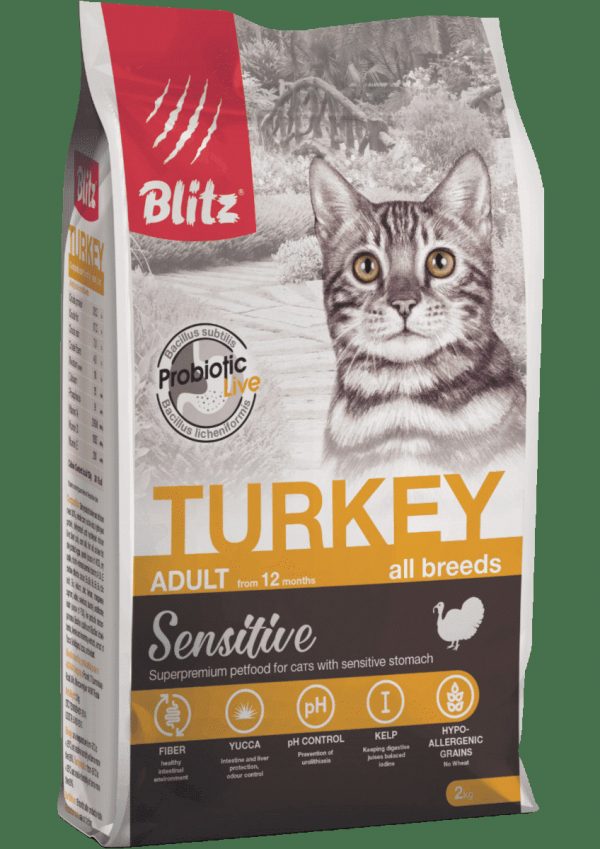 Blitz Сухой корм для кошек Sensitive Adult Cat с чувствительным пищеварением, Индейка 2кг