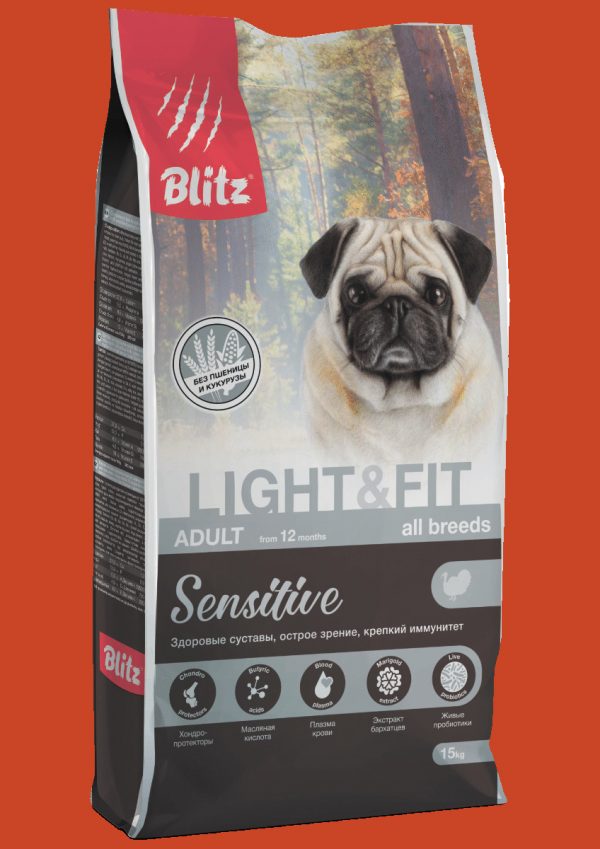 Blitz Sensitive Light & Fit Adult Dog Сухой корм для собак с лишним весом, Индейка 15кг