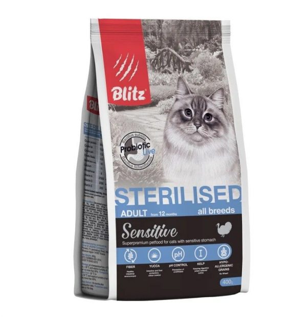 Blitz Сухой корм для кошек Sensitive Sterilised Cat Сухой корм для стерилизованных кошек, Индейка 400гр