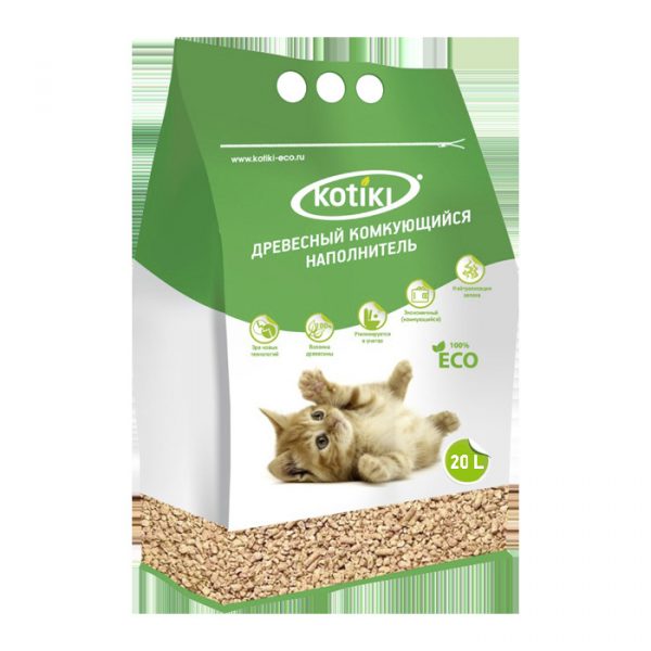 Kotiki Наполнитель комкующийся для кошачьего туалета, древесный 20л