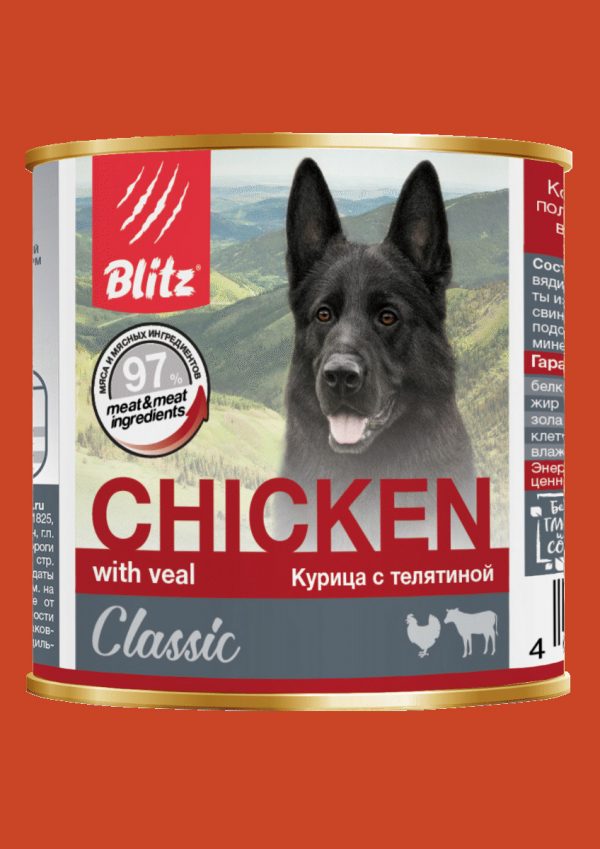 Blitz Влажный корм для собак Classic Adult Dog всех пород, Курица и Телятина 400г