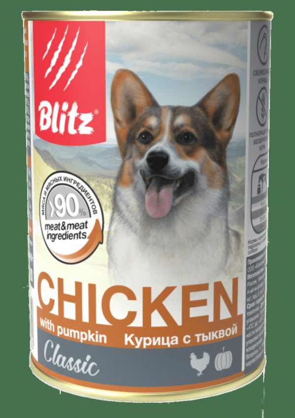 Blitz Влажный корм для собак Classic Adult Dog всех пород, Курица и Тыква 750г