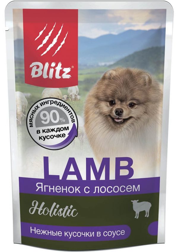 Blitz Влажный корм для собак Holistic Adult Dog Small мелких пород, нежные кусочки в соусе, Ягненок и Лосось 85г