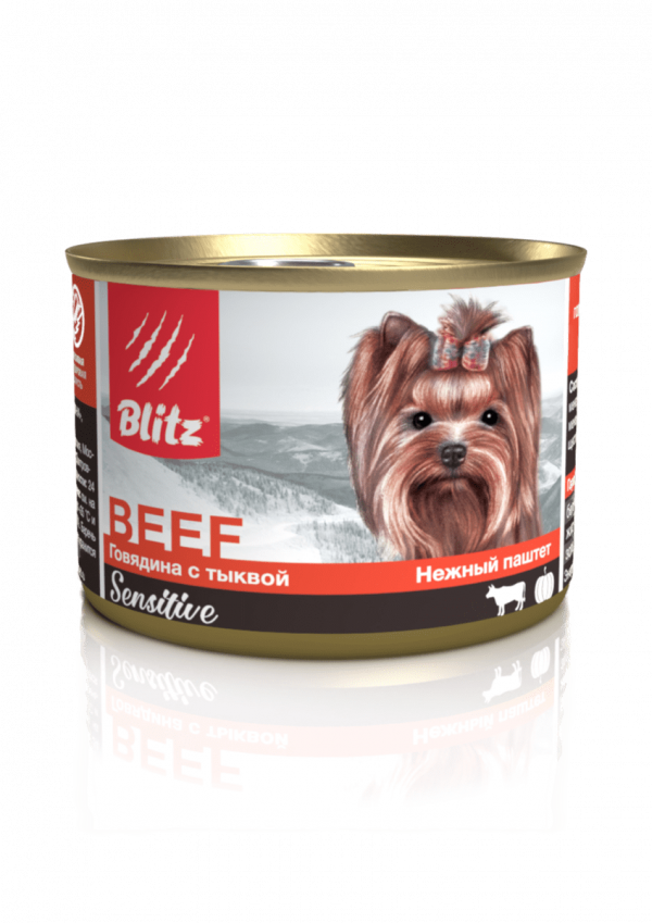 Blitz Влажный корм для собак Sensitive Adult Dog Small мелких пород, паштет, Говядина и Тыква 200г