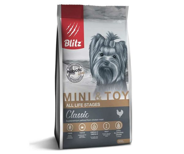 Blitz Сухой корм для собак Classic Adult Dog Mini&Toy мелких и миниатюрных пород, Курица 500гр