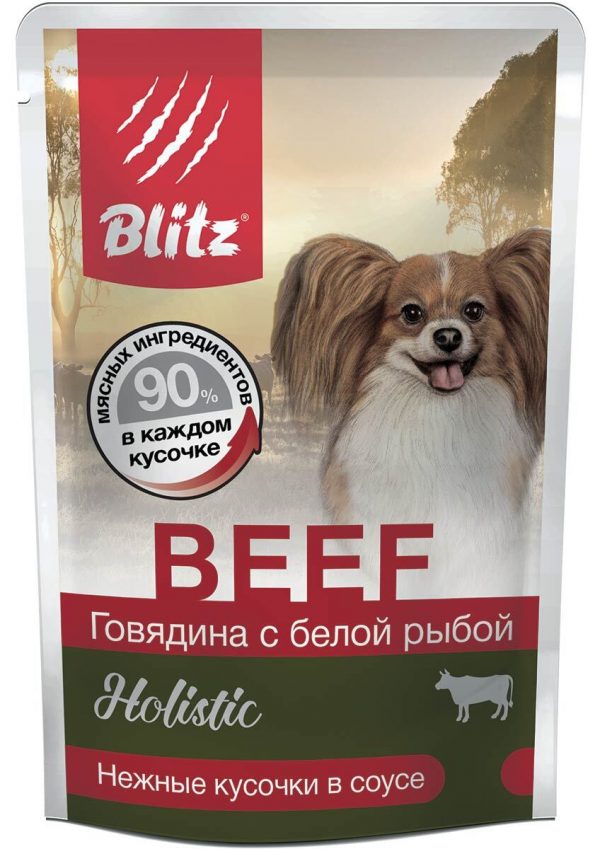 Blitz Влажный корм для собак Holistic Adult Dog Small мелких пород, нежные кусочки в соусе, Говядина и Белая рыба 85г