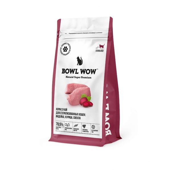 Bowl Wow Сухой корм для стерилизованных кошек, с индейкой, курицей и свеклой 4 кг