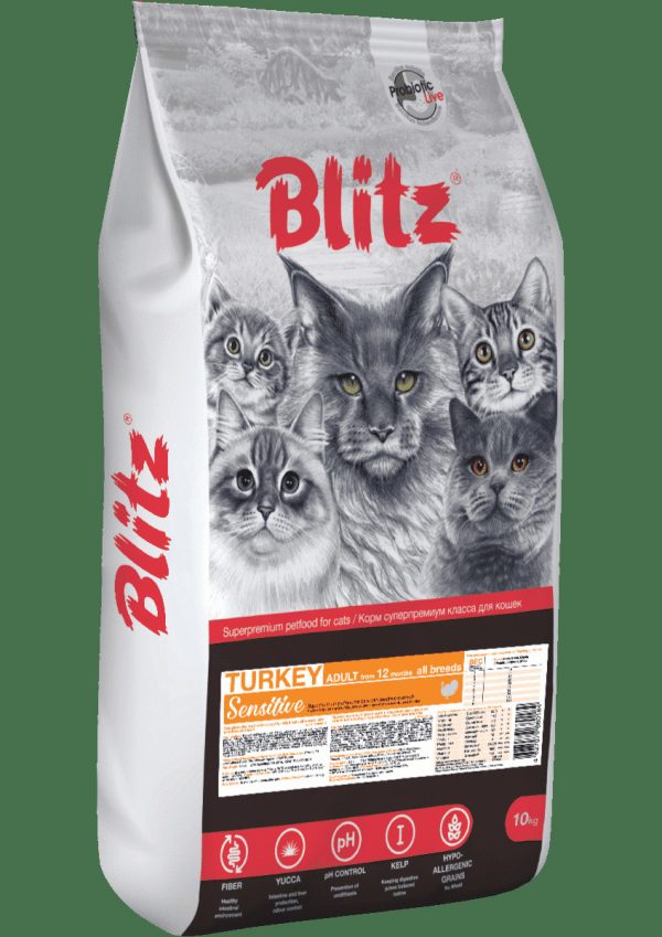 Blitz Сухой корм для кошек Sensitive Adult Cat с чувствительным пищеварением, Индейка 10кг