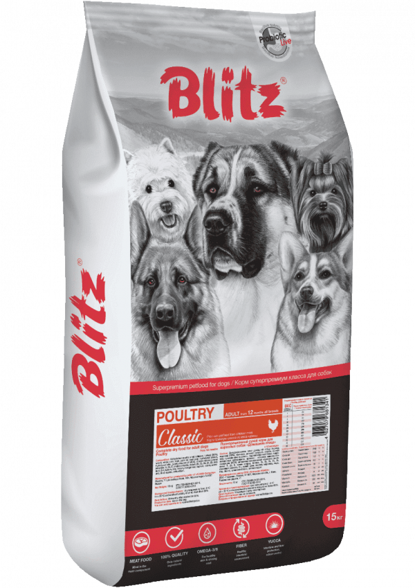 Blitz Сухой корм для собак Classic Adult Dog всех пород, Домашняя птица 15кг